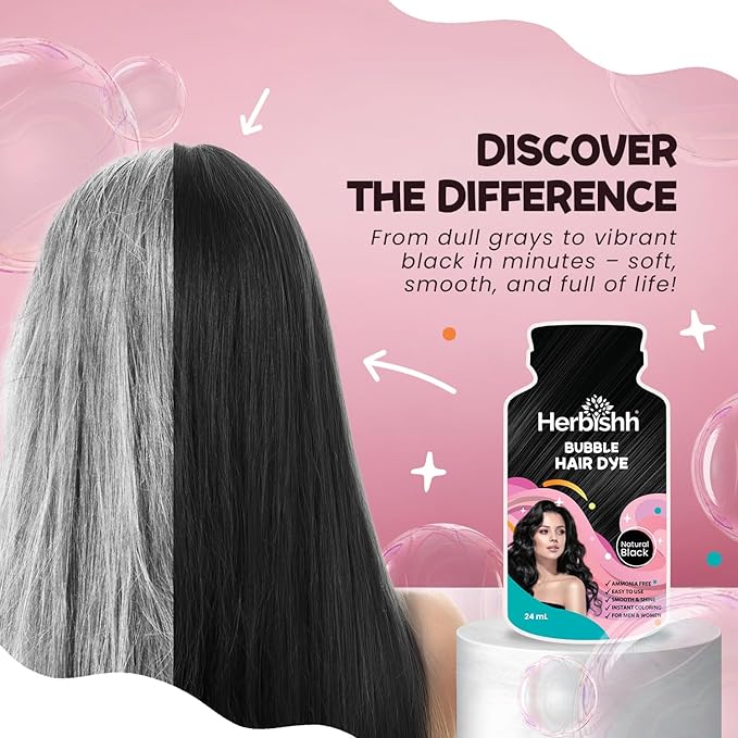 Herbishh Bubble Foam Hair Dye Shampoo, 3 in 1 Dye for 100% Grey Coverage, Permanent & Instant Hair Coloring for Men & Women, Long-lasting & Travel-friendly, Ammonia-free, 10 Sachet x 24 ml (Black)