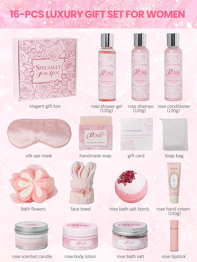 16Pcs Rose Spa Kit - Relaxing Bath & Body Care Gift Set with Bath Bombs & Lotions for Women. The Perfect Mother's Day Birthday Christmas or Thank You Gift for Mom Wife Friend Relaxing Home Spa Set
