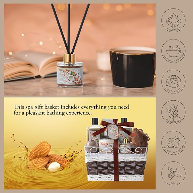 Coconut Almond spa kit, Bath and Body Gift Basket Christmas Gifts for Women & Men Spa Gift Basket,16 Pcs Bath Gift Set With Fragrant Lotion, Home Spa Luxurious Bath Body Oil, Diffuser & More