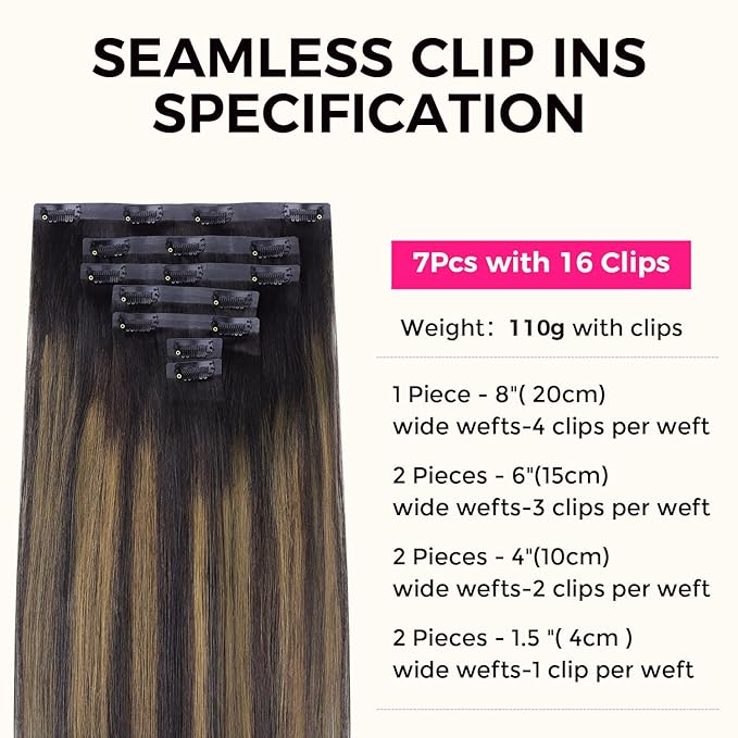 Lashey Straight Seamless Clip in Hair Extensions Human Hair 110g 7pcs 22 Inch Long Natural Black Mixed Chestnut Brown PU Weft Clip in Hair Extensions for Black Women