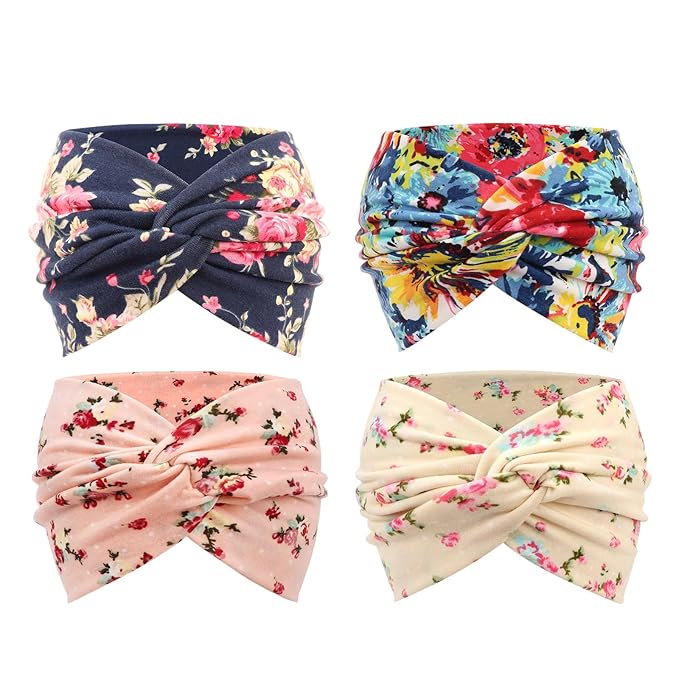 DRESHOW 4 Pack Turban Headbands for Women Wide Vintage Head Wraps Knotted Cute Hair Band Accessories