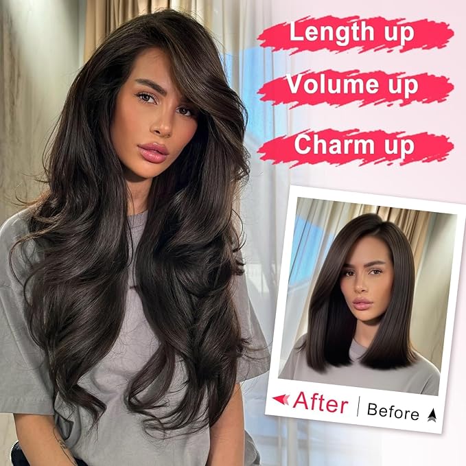 ALXNAN Clip in Hair Extensions,Dark Brown Long Wavy Hair Extensions Soft Synthetic Thick Hairpieces for Women 20 Inch