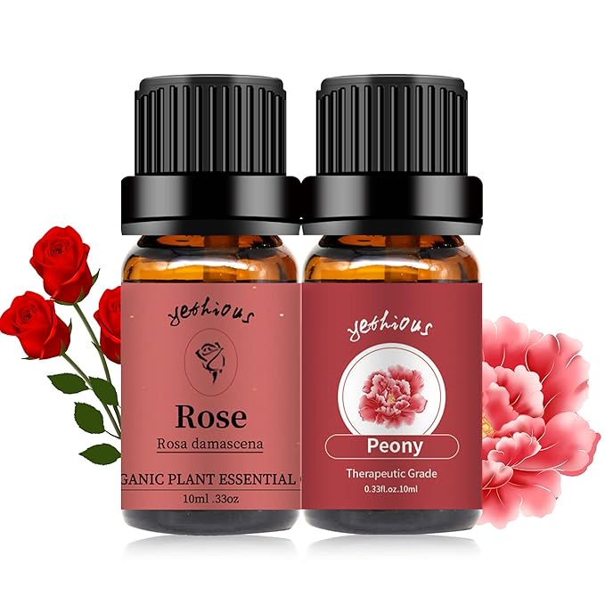 yethious Rose Essential Oil Organic Flower Natrual Peony Essential Oil for Diffuser, Skin Care, Soap/Candles Making - 2 X 10ML Essential Oil Set Gift