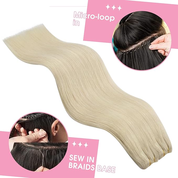 YoungSee 125G Weft Hair Extensions Human Hair Platinum Blonde Sew in Hair Extensions Blonde Remy Hair Weft Extensions for Long Hair 22 inch