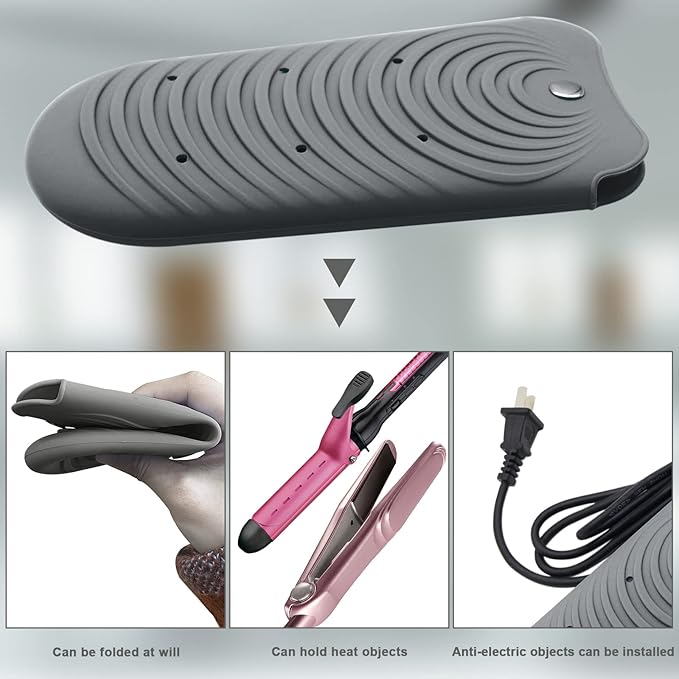 Heat Resistant Silicone Mat Pouch for Hair Styling Tools, Curling and Flat Irons Non-Slip Travel Cover, Small Portable Straightener Pad for Curler Wands Storage, Hot Waver (Dark Gray)