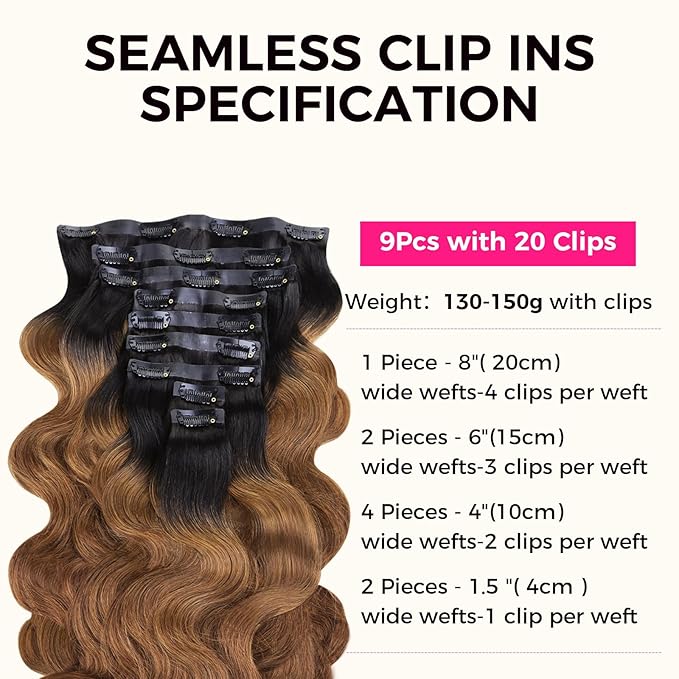 Lashey Seamless Clip in Hair Extensions Human Hair 130g 9pcs 16 Inch Body Wave Ombre Natural Black to Medium Auburn Clip in Hair Extensions for Women Real Human Hair