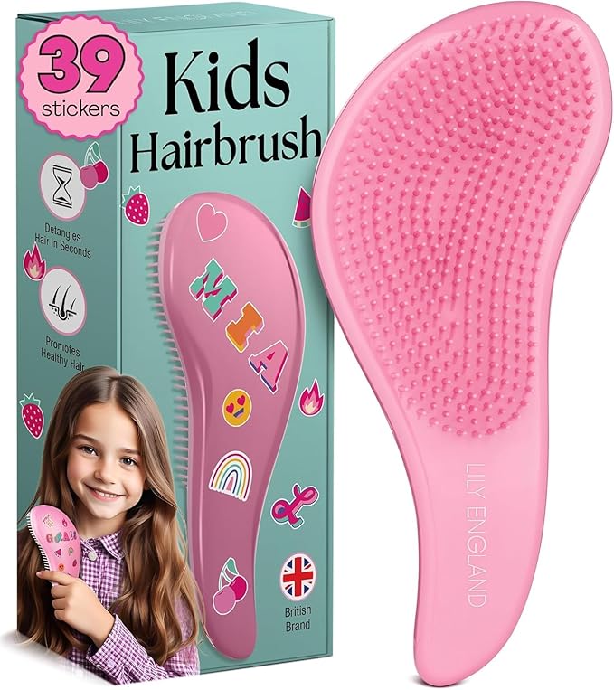 Lily England Detangler Brush for Curly, Thick, Straight & Natural Hair - Trendy Gift for Teens, Kids & Toddlers with Stickers - Hairbrush for Wet & Dry Hair, Pink