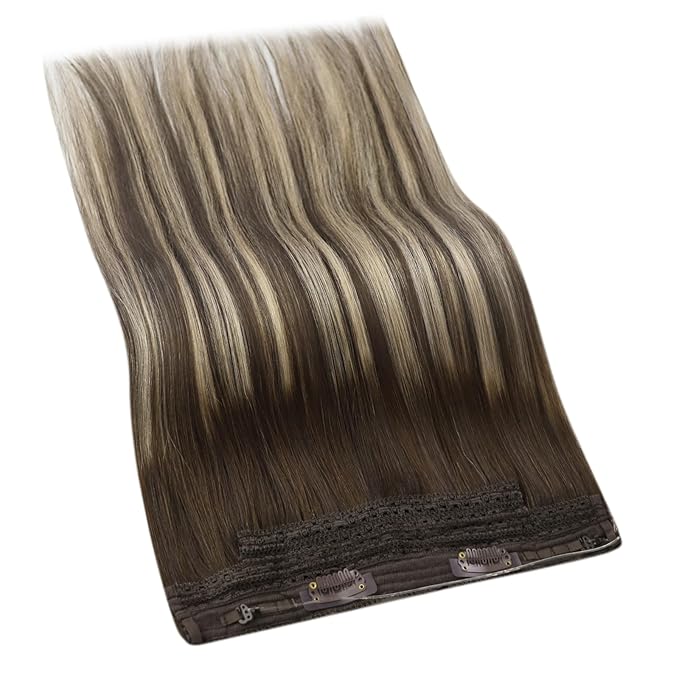 YoungSee 130G Wire Human Hair Extensions Brown Balayage Invisible Wire Hair Extensions Ombre Dark Brown with Ash Blonde Thick Human Hair Fish Line Extensions for Women 20Inch