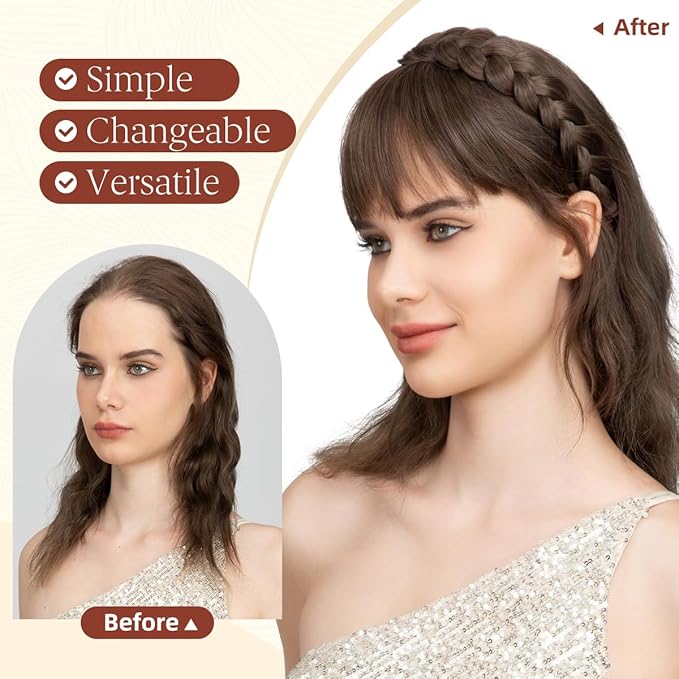 SARLA Braided Headband with 3 Detachable Clip in Bangs Fringe Hairpieces Fake Synthetic Hair Band Bangs for Women Bernstein Multi