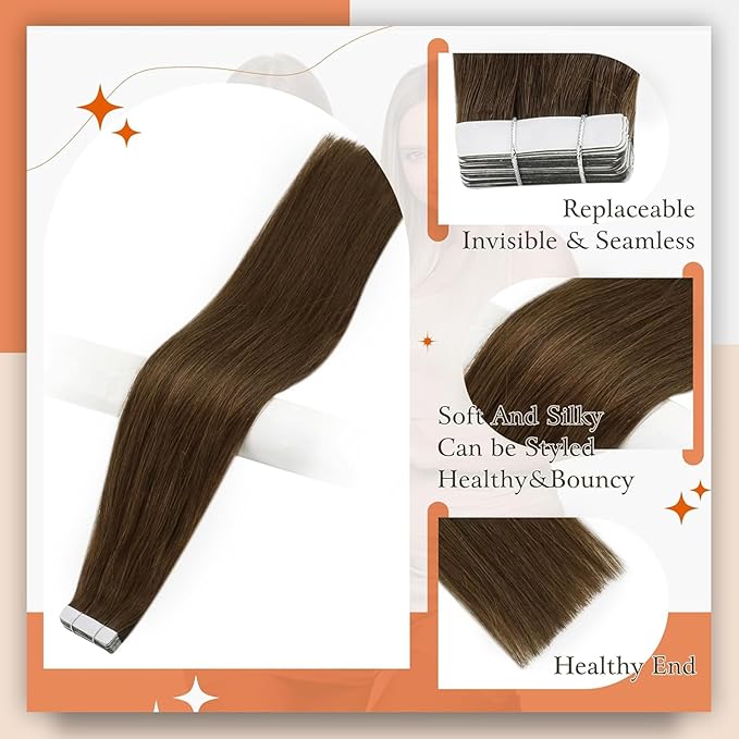 Full Shine Tape in Hair Extensions Color 4 Medium Brown Tape in Extensions Real Human Hair 20Pcs Extension 50G Seamless Invisible Skin Weft Adhesive Tapes ins Human Extension Natural Straight 14Inch