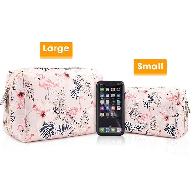 Narwey Cute Makeup Bag Travel Cosmetic Bag Organizer Toiletry Bag Make Up Bags with Compartments for Women Girls (Large, Beige Flamingo)