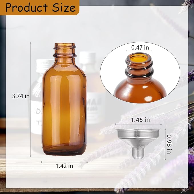 6 Pack 2oz Amber Glass Bottles for Vanilla Extract, Boston Round Leak-Proof Brown Glass Jars with Caps, Bonus Funnel - Ideal for Homemade Extracts, Essential Oils, DIY Christmas Party Gift Supplies