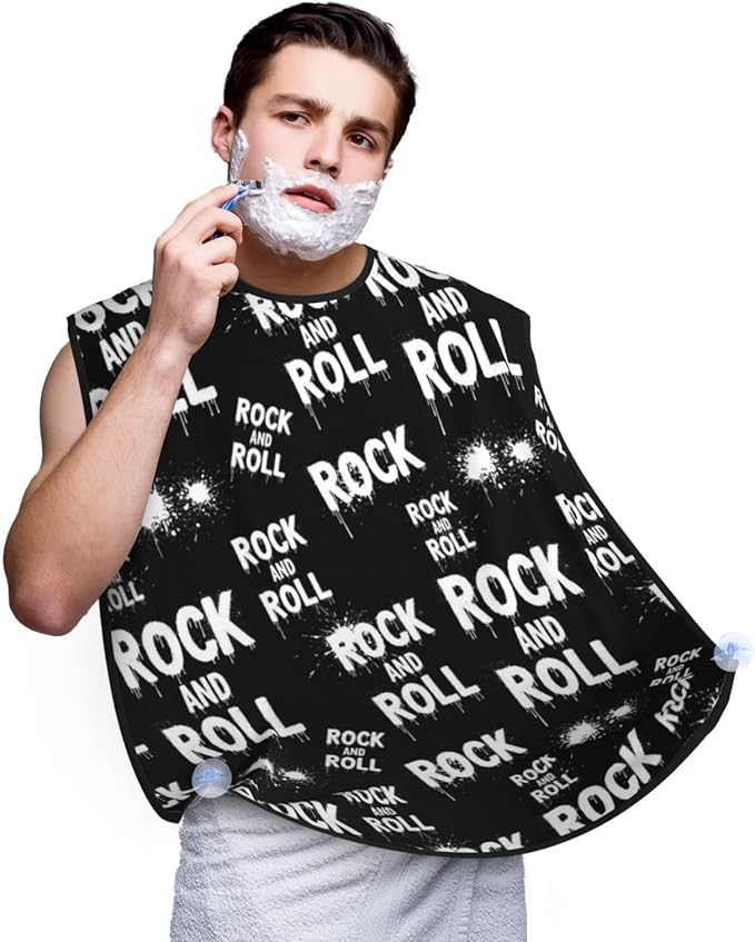 Adjustable Beard Catcher Apron, Black and White Rock and Roll Tattoo Print Shave Bib, Non-Stick Waterproof Grooming Bib, Shaving Essential for Men Dad Christmas