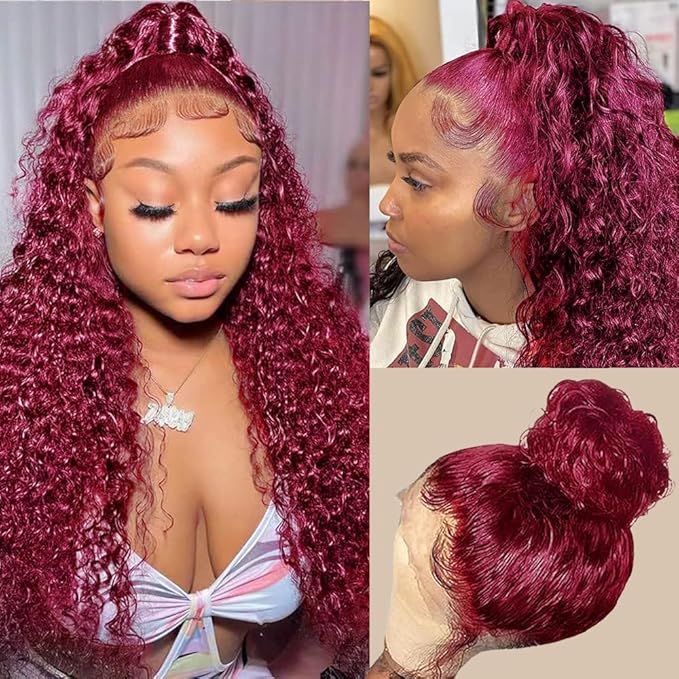 250 Density Burgundy Wig Human Hair Hidden Strap 360 Lace Front Wigs Human Hair Deep Wave Invisible Strap Pre Plucked Bleached Knots Glueless Drawstring Curly Human Hair Wig for Women (26inch)