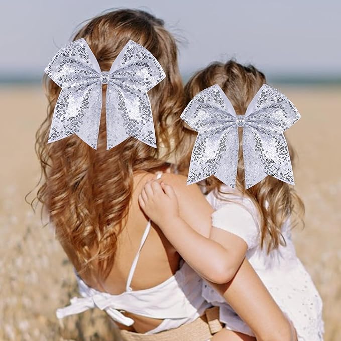 Large Glitter Cheer Bows Clips, Jumbo Big 7 Inch Cheerleading Sequin Hair Bow Hair Accessories for Teens Girls Football Sports Cheerleader Outfit Uniform (Sliver)