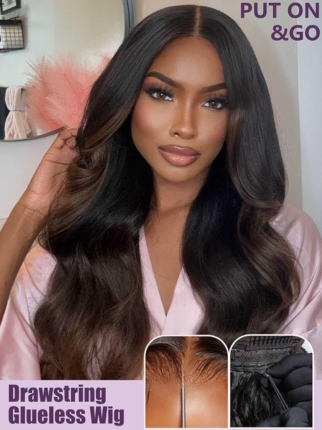 YIROO Bye Bye Knots Chestnut Brown Ombre Light Yaki Straight Wig Human Hair,7x5 Lace Front Glueless Wig with Drawstring,Pre Cut Pre Plucked Pre Bleached Knots Natural Hairline Wig for Women 26Inch