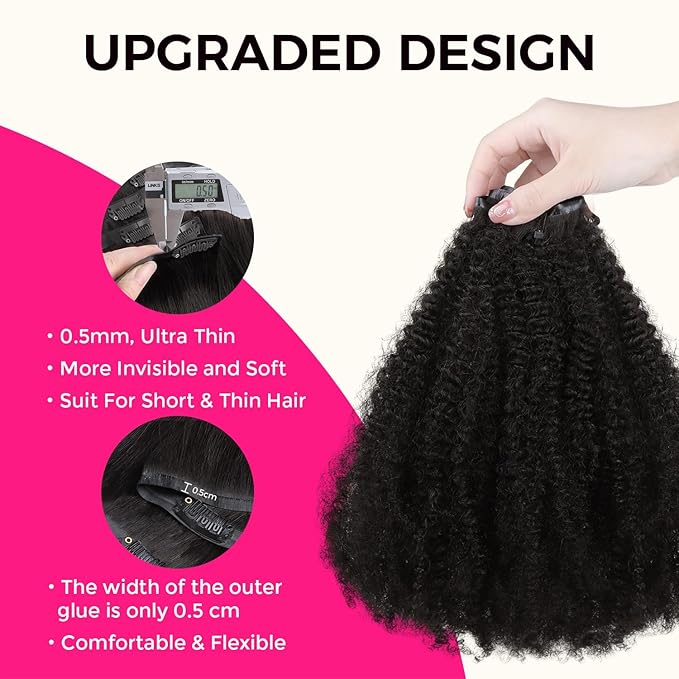 Lashey Seamless Clip in Hair Extensions Human Hair 18 Inch Afro Kinky Curly Clip in Hair Extensions Real Human Hair 110g 7pcs Natural Black Hair Extension Clips for Women