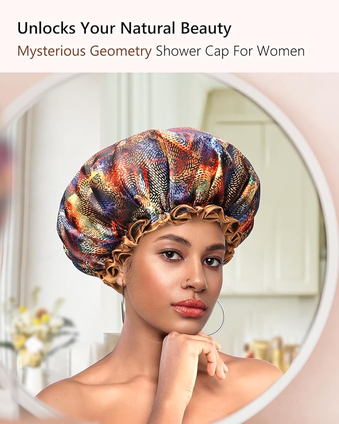 mikimini Large Shower Cap for Women Long Hair,2PCS,Mystery Shower Caps with Brown Lace, Reusable Waterproof Bathing Shower Hat