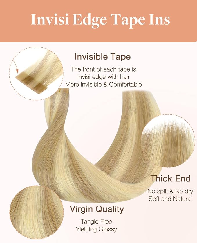 GOO GOO Invisi Edge Tape in Hair Extensions Human Hair, 16/22 Light Blonde Highlighted Golden Blonde 20pcs injected with 20pcs classical tape ins, 24inch 100g, Virgin Remy Hair, Natural Look