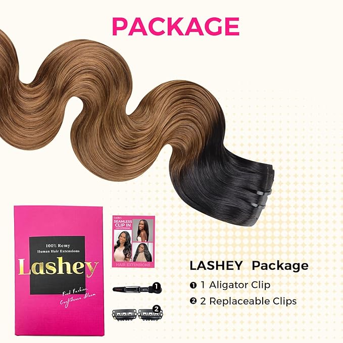 Lashey Seamless Clip in Hair Extensions Human Hair 130g 9pcs 16 Inch Body Wave Ombre Natural Black to Medium Auburn Clip in Hair Extensions for Women Real Human Hair