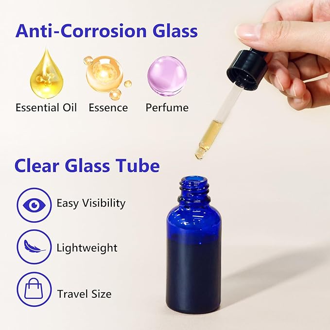 KEYWING 60 Pack 1oz Eye Dropper Bottles – 30ml Leakproof Blue Glass Bottles for Essential Oils, Tinctures, Hair Oil, Travel Liquids
