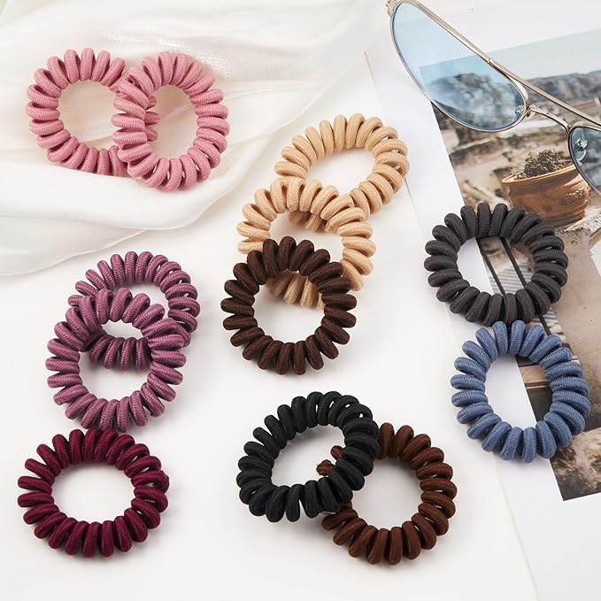 Spiral Hair Ties (Cloth Brown, 12 Pcs) - Coil Ponytail Holders for Thick Hair, No Crease Phone Cord Ties for All Hair Types
