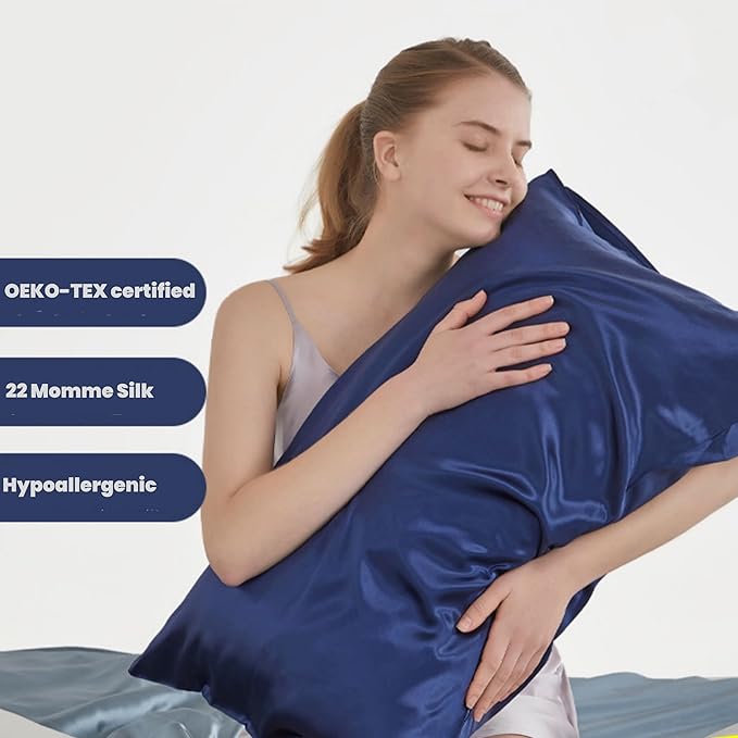 Pure Natural Mulberry Silk Pillow Cases with Zipper Made in USA, King Size, Luxury 22 Momme Silk Pillowcase for Hair and Skin, Hypoallergenic (Navy Blue, King)