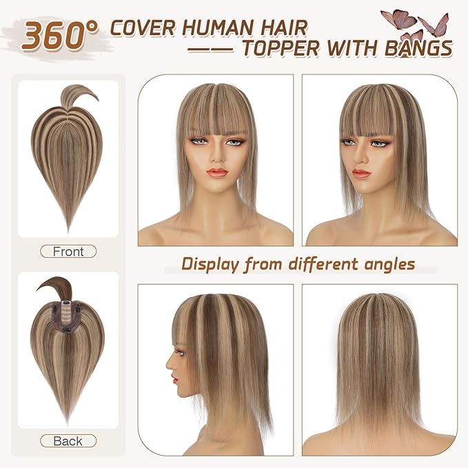 Rich Choices Real Human Hair Toppers for Women With Bang 100% Remy Human Hair Topper for Thinning Hair Clip in Silk Base Hair Topper 10 Inch #4P27 Medium Brown Mix Dark Blonde