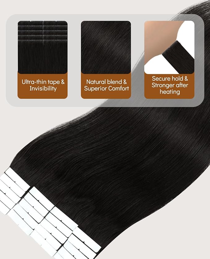 VINBAO Invisi Edge Tape in Hair Extensions Human Hair, Natural Black 55g 20in 20pcs, Pro Virgin Remy Hair Seamless Injected Tape ins Natural Look 20inch #1B