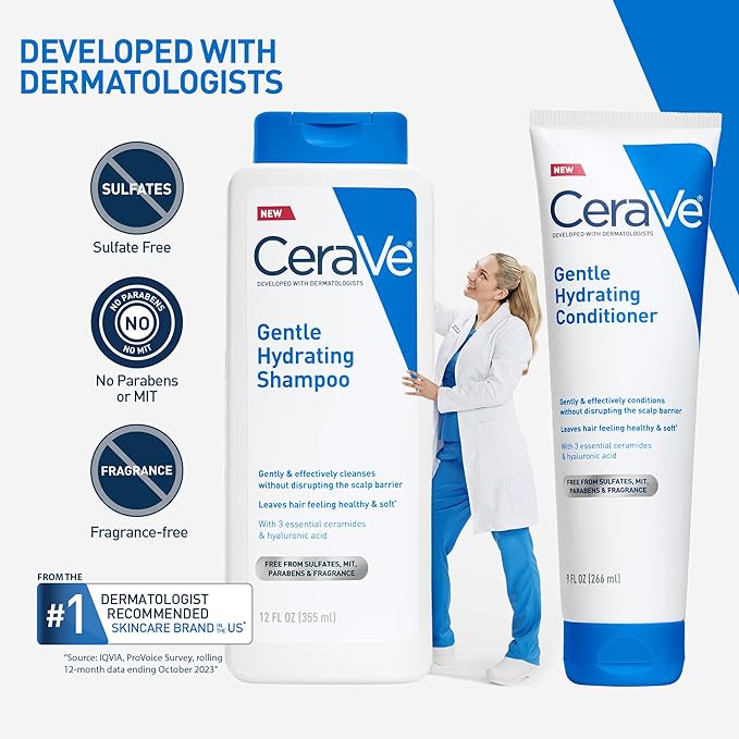 CeraVe Gentle Hydrating Shampoo, With Ceramides, Niacinamide & Hyaluronic Acid For Soft, Healthy Looking Hair & Scalp, Sulfate Free & Color Safe Shampoo, For All Hair Types, 12 Oz (Pack of 2)