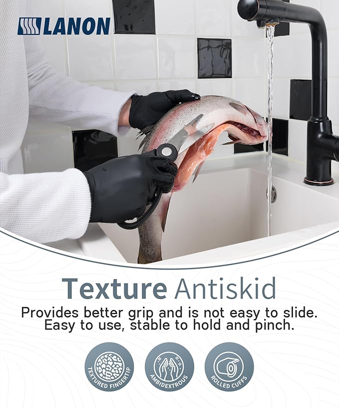 LANON Food Safe Disposable Nitrile Gloves, Latex-Free, Powder-Free, Silicone-Free, Textured Fingertips, Cooking, Black，Medium