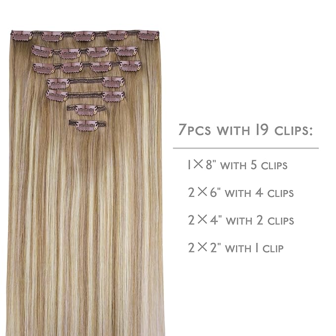 WENNALIFE Clip in Hair Extensions Real Human Hair, 20 Inch g 7pcs Balayage Dirty Blonde with Platinum Ends Remy Hair Straight Natural Extensiones De Cabello Humano Con Clip Ins