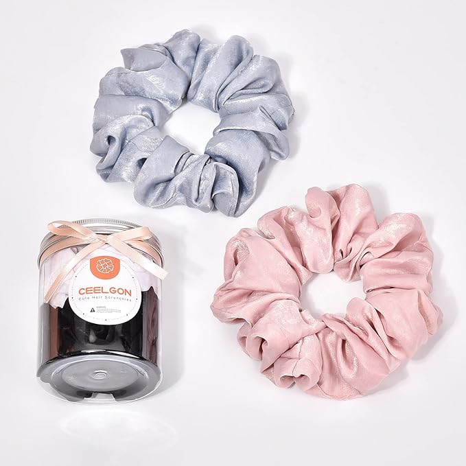 XL Big Silk Scrunchies Hair Ties for Women - CEELGON Oversized Black Satin Silk Scrunchie Exra Large Jumbo Gaint Soft Pink Chiffon Cute Scrunchy for Curl Thick Hair 4 Pack (Black White)