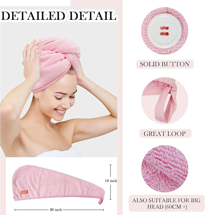 YoulerTex Microfiber Hair Towel Hair Wrap: 2 Pack 10X26 Hair Dryer Towels for Women Absorbent Turban Twist Hair Drying Shower Cap Curly Hair Products for Hair Care Hair Accessories (06 2-Pcs Pink)