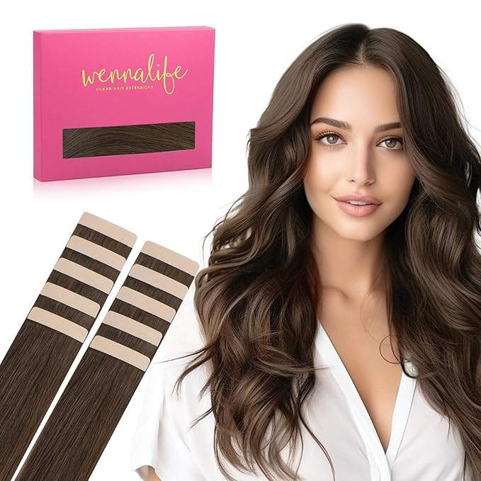 WENNALIFE Tape in Hair Extensions Human Hair Chocolate Brown Tape in Extensions, 10pcs 20g 12 inch Remy Invisible Tape Ins Straight Soft Real Human Hair Tape in Extensions Refill Set Extensions