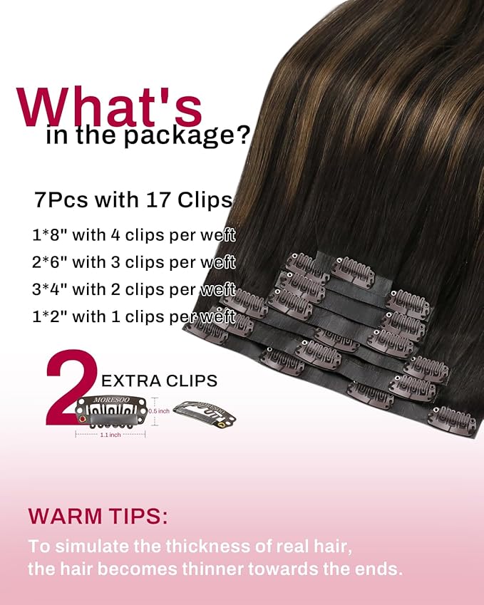 Moresoo Seamless Human Hair Clip in Extensions Dark Brown Balayage Clip ins Hair Extensions Real Human Hair Dark to Medium Brown Ombre for Women Thick And Invisible Pu Skin 150g/7pcs 22 inch