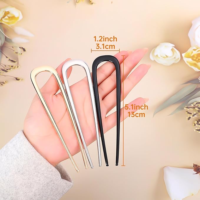 BEoffer French Hair Pin 3PCS Metal Hair Pins for Women Elegant French Twists, Buns and Updos with No Hair Damage, U-shaped French Pin Great Hold and Comfortable Keeps Hair in Place (Gold Black Silver)