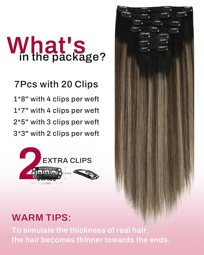 Moresoo Clip in Hair Extensions Remy Double Weft Human Hair Clip in Extensions Straight Balayage Hair Extensions for Women Ombre Black Mixed with Silver Grey 7pcs 150g 22inch