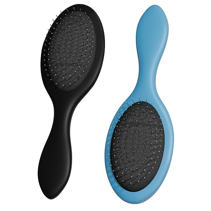 WeiLa Anti-Static Hair Brush Oval, Stainless-Steel Bristles Detangler for Wigs & Hair, ABS Handle (Tektite Black + Blue, Couple)