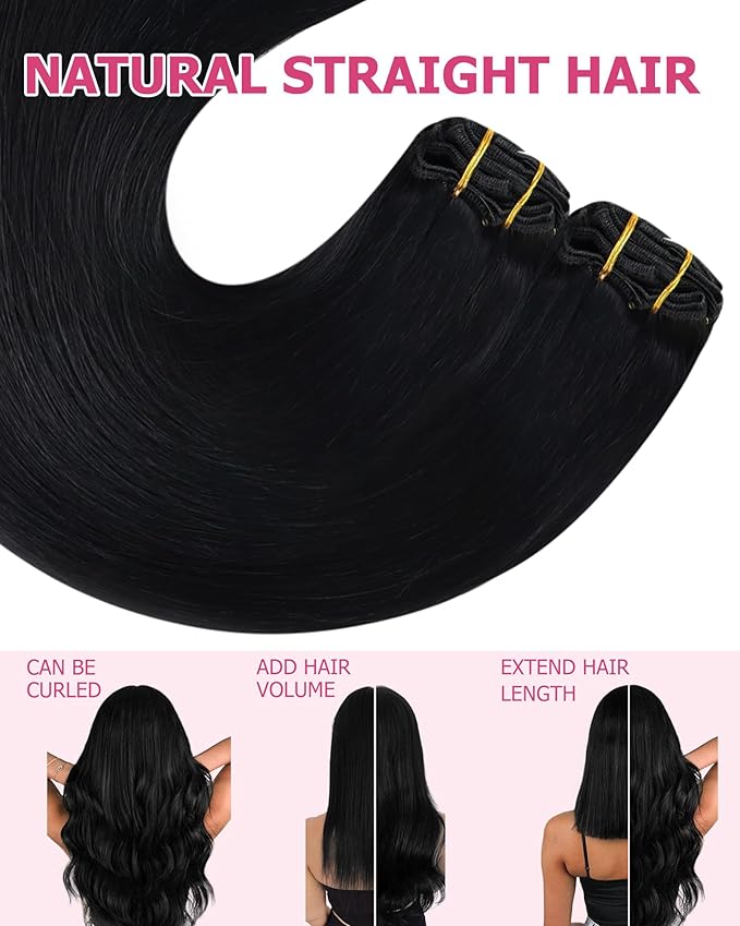 YoungSee 85G Clip in Human Hair Extensions Black Short Human Hair Clip in Extensions Jet Black Clip ins Hair Extension Real Human Hair Natural Short Hair Extension for Women 12Inch 7Pcs