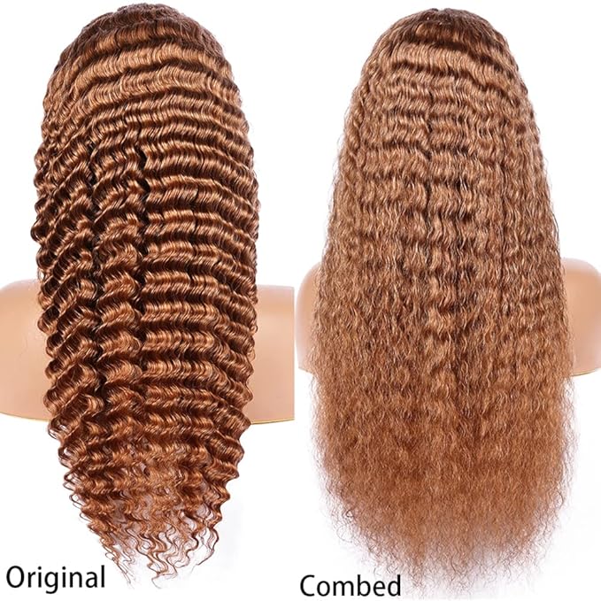 Brown Deep Curly Wave Human Hair Lace Front Wigs with Baby Hair for Black Women Pre Plucked 180% Density Brazilian Virgin Hair HD Transparent Lace Frontal Wig 16 Inch