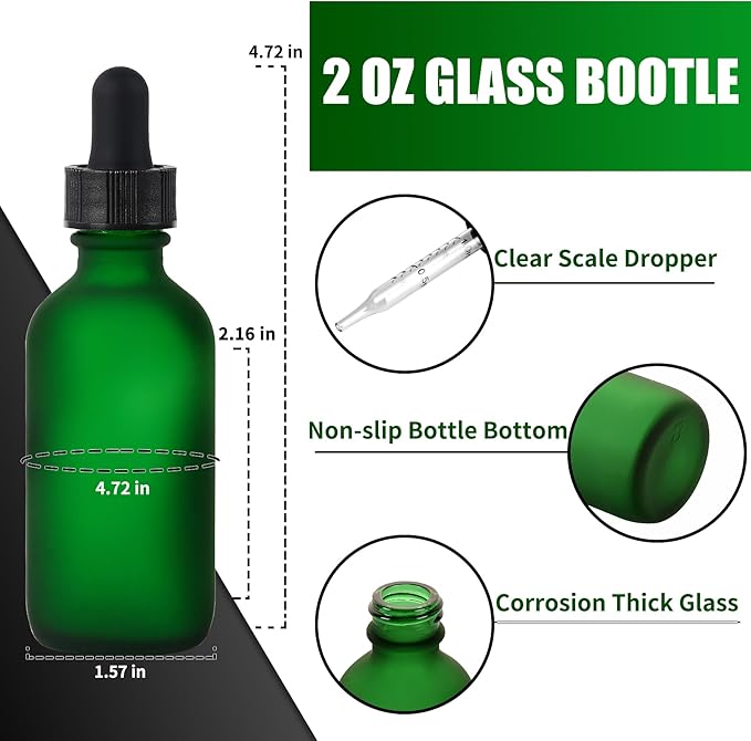 24 Pcs, 2oz Glass Dropper Bottle, Leakproof Tincture Bottles with Dropper, Green Reusable Eye Dropper Bottle, Preety Frosted Texture, for All Kinds of Liquids (Green-Frosted, 2oz-24pcs)