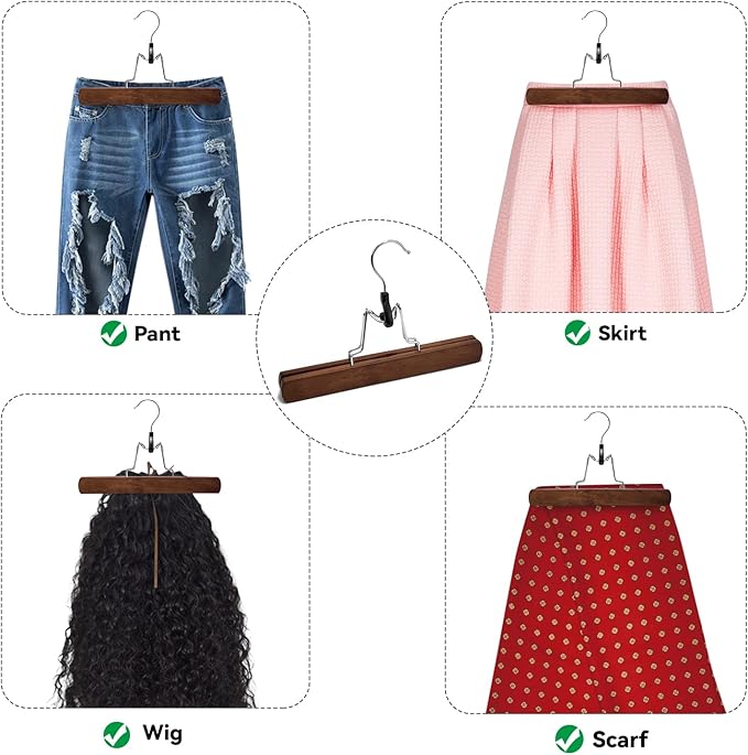 Nature Smile Wooden Pants Skirt Hangers, Smooth Finish Solid Wood Non Slip Jeans Slack Clamp Hangers Hair Extension Hangers (10 Pack Retro)…