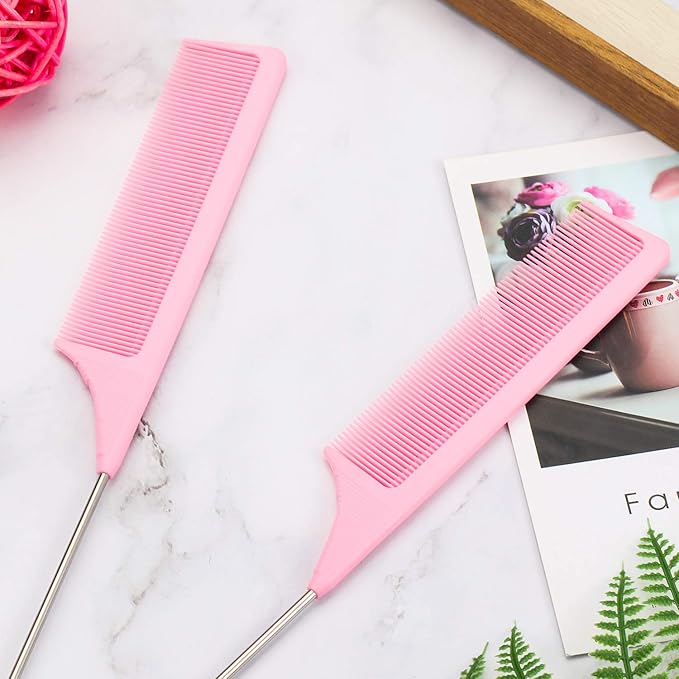 3 Packs 9 Inch Rat Tail Comb Carbon Fiber Heat Resistant Teasing Comb with Metal Pick Styling Parting Lightweight Sectioning Fine Tooth Combs for Women Girls