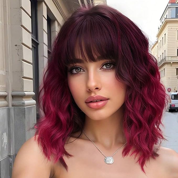 AISI HAIR Synthetic Wavy Curly Bob Wig with Bangs Ombre Dark Red Short Hair Wigs for Women Synthetic Heat Resistant Bob Wigs