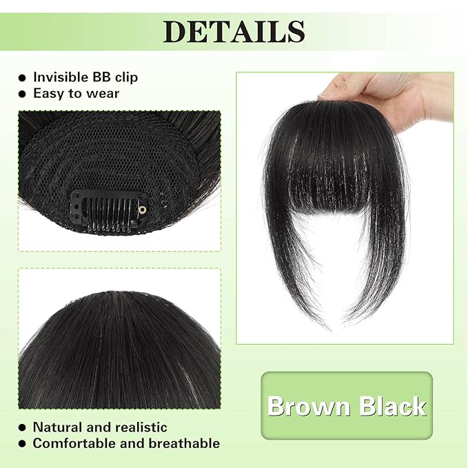 NAYOO Bangs Hair Clip - Brown Black Fake Bangs 100% Real Human Hair Extensions French Bangs for Women Fringe with Temples Hairpieces Curved Bangs for Daily Wear (Brown Black, French Bangs)