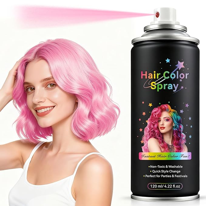 Temporary Hair Color Spray - Instant Washable Hair Dye for Kids & Adults, Non-Toxic & Non-Sticky Formula for Halloween, Cosplay, Parties & Festivals - Lasts All Day, Easy Wash Out - 4.22 fl oz (Pink)