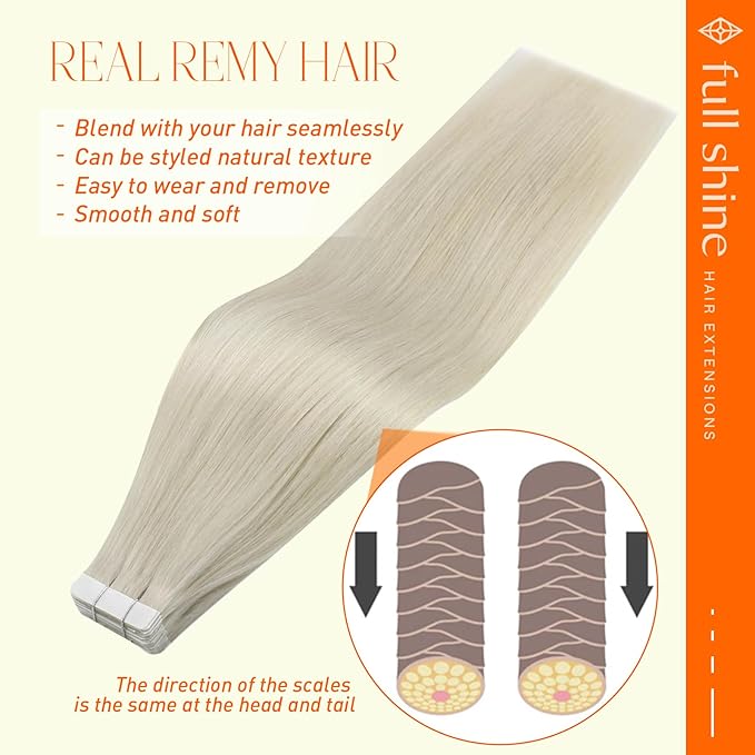Full Shine Color 1000 White Blonde Tape in Hair Extensions Tape in Extensions 12 Inch 20 Pcs 30 Grams Seamless Skin Weft Remy Human Hair for Women Add Volume Straight Remy Hair Extensions