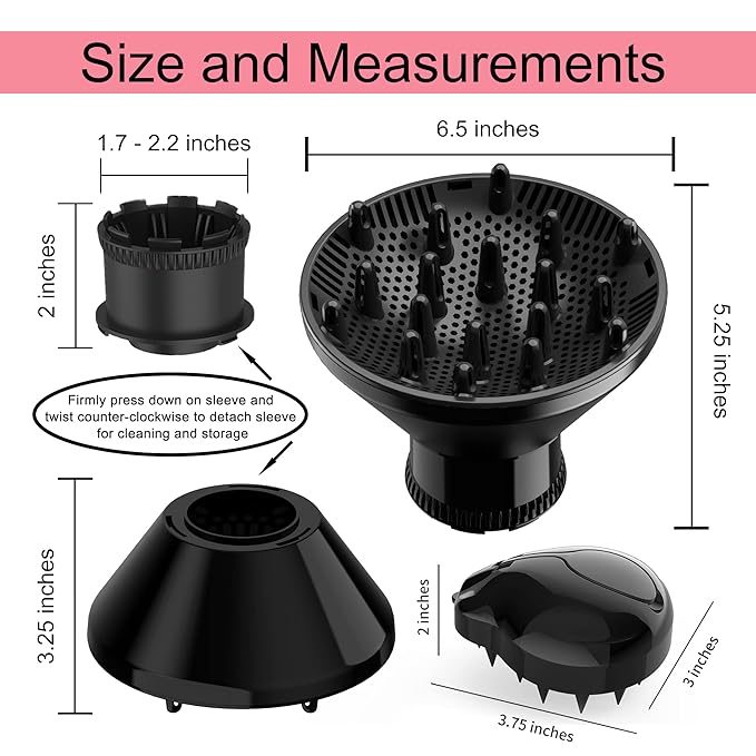 Universal Hair Diffuser Adaptable Hair Dryer Attachment for Blow Dryer Nozzles from 1.7 to 2.2 inch Diameter (Black with Shampoo Brush)