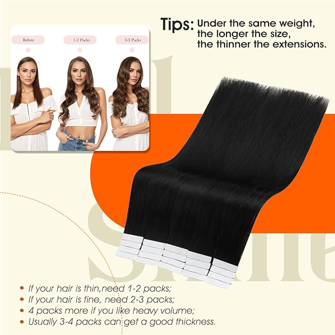 Full Shine Tape ins Human Hair Extensions Off Black Tape in Extensions Double Sided Color 1B Remy Skin Weft Extension Real Human Hair 24Inch Seamless Extension Silky Straight 50g 20Pcs Invisible